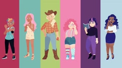 Size: 1280x712 | Tagged: safe, artist:mojothebrojo, derpibooru import, applejack, fluttershy, pinkie pie, rainbow dash, rarity, twilight sparkle, human, apple, blackwashing, book, boots, bracelet, clothes, converse, dark skin, ear piercing, earring, food, happy birthday mlp:fim, high heels, hoodie, humanized, jeans, jewelry, mane six, mlp fim's tenth anniversary, nail polish, necklace, pants, piercing, rainbow, sandals, shoes, short hair, short hair rainbow dash, shorts, sneakers, socks, sports bra, suspenders, sweater, tattoo, toenail polish, tumblr nose, turtleneck