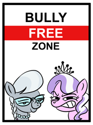 Size: 1000x1339 | Tagged: safe, artist:velgarn, derpibooru import, diamond tiara, silver spoon, earth pony, pony, /mlp/, bully, drawthread, glasses, grin, jewelry, looking at you, mega smug, necklace, parody, requested art, sign, simple background, smiling, smug, snickering, tiara, white background