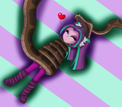 Size: 1823x1597 | Tagged: safe, artist:jerrydestrtoyer, derpibooru import, aria blaze, snake, equestria girls, clothes, coils, crossover, duo, eyes closed, female, floating heart, heart, imminent vore, kaa, male, open mouth, shoes, smiling, the jungle book, wrapped up