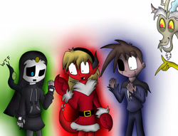 Size: 2205x1688 | Tagged: safe, artist:jerrydestrtoyer, derpibooru import, discord, draconequus, :o, black sclera, christmas, clothes, costume, crossover, finger snap, grin, heterochromia, holiday, male, open mouth, santa costume, smiling, transformation