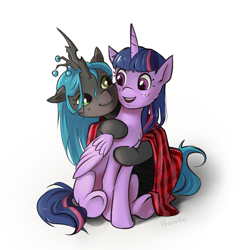 Size: 1047x1080 | Tagged: safe, artist:vyazinrei, derpibooru import, queen chrysalis, twilight sparkle, twilight sparkle (alicorn), alicorn, changeling, changeling queen, a better ending for chrysalis, cute, cutealis, female, hug, simple background, twiabetes, white background