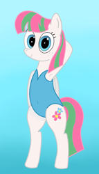 Size: 2310x4032 | Tagged: safe, artist:rainbowšpekgs, derpibooru import, blossomforth, pegasus, pony, semi-anthro, arm behind head, armpits, bipedal, clothes, cute, female, looking at you, one-piece swimsuit, simple background, smiling, standing, swimsuit, wings