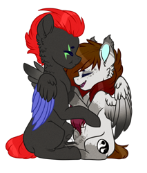 Size: 752x883 | Tagged: safe, artist:silentwolf-oficial, derpibooru import, oc, oc only, pegasus, pony, duo, eyes closed, open mouth, pegasus oc, signature, simple background, smiling, tattoo, transparent background, two toned wings, watermark, wings