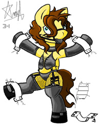 Size: 663x826 | Tagged: safe, artist:nhl-changelingpony, derpibooru import, oc, oc only, oc:billy rose, pegasus, semi-anthro, ballgag, bondage, clothes, cuffs (clothes), derp, female, fishnet stockings, gag, mare, pegasus oc, signature, simple background, solo, white background, wings