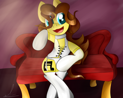 Size: 3100x2484 | Tagged: safe, artist:almaustral, derpibooru import, oc, oc only, oc:billy rose, pegasus, semi-anthro, female, open mouth, pegasus oc, sitting, smiling, sofa