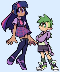 Size: 1714x2048 | Tagged: safe, artist:agent_dinky, derpibooru import, spike, twilight sparkle, human, bandaid, blue background, clothes, converse, cutie mark, cutie mark on clothes, duo, female, high heels, hoodie, human spike, humanized, looking at you, male, shoes, simple background, skirt, sneakers, socks, thigh highs, zettai ryouiki