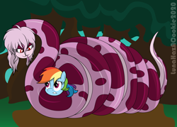 Size: 2825x2020 | Tagged: safe, artist:lunahazacookie, derpibooru import, rainbow dash, oc, pegasus, pony, snake, coiling, coils, constriction, digital art, forest, squeezing, trapped, wrapped up