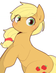 Size: 1023x1329 | Tagged: safe, artist:manachaaaaaaaa, derpibooru import, applejack, earth pony, pony, cute, female, hatless, jackabetes, looking at you, mare, missing accessory, pixiv, simple background, solo, white background