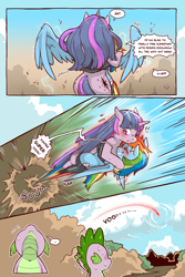 Size: 960x1440 | Tagged: safe, artist:cold-blooded-twilight, derpibooru import, rainbow dash, spike, twilight sparkle, unicorn twilight, dragon, pegasus, pony, unicorn, comic:cold storm, blushing, clothes, cloud, cloudy, cold blooded twilight, comic, dialogue, electricity, eyes closed, flying, hug, leggings, looking up, magic, smiling, speech bubble, speed lines, sweat, take off