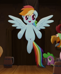Size: 436x529 | Tagged: safe, derpibooru import, screencap, spike, bird, dragon, earth pony, parrot, pony, cropped, female, mare, open mouth, pirate, spread wings, time to be awesome, wings