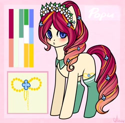 Size: 2186x2160 | Tagged: safe, derpibooru import, oc, oc only, earth pony, pony, blushing, clothes, earth pony oc, floral head wreath, flower, reference sheet, socks, solo