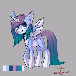 Size: 2160x2160 | Tagged: safe, derpibooru import, oc, oc only, alicorn, pony, alicorn oc, base used, collar, cutie mark, ear fluff, gray background, grin, horn, reference sheet, simple background, smiling, solo, two toned wings, wings