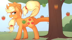 Size: 3200x1800 | Tagged: safe, artist:ratofdrawn, derpibooru import, applejack, earth pony, pony, apple, apple tree, applebucking, dock, female, food, happy birthday mlp:fim, looking back, mare, mlp fim's tenth anniversary, nose wrinkle, profile, scrunchy face, solo, sweat, tree