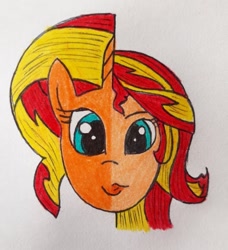 Size: 1040x1138 | Tagged: safe, artist:dsidsu, derpibooru import, sunset shimmer, pony, unicorn, equestria girls, bust, eyelashes, female, mare, split screen, traditional art, two sides