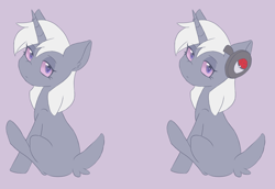 Size: 1508x1037 | Tagged: safe, artist:sinamuna, derpibooru import, oc, oc only, oc:whist mania, pony, unicorn, espurr, expressionless, expressionless face, female, headphones, horn, looking back, looking over shoulder, pokéball, pokémon, poképony, purple eyes, purple sclera, redesign, sitting, solo