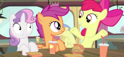 Size: 455x209 | Tagged: safe, derpibooru import, screencap, apple bloom, scootaloo, sweetie belle, earth pony, pegasus, pony, unicorn, twilight time, background pony, bipedal, burger, cutie mark crusaders, drink, female, filly, food, french fries, hay burger, looking at each other, shocked, shocked expression