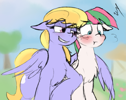 Size: 1031x817 | Tagged: safe, artist:candel, blossomforth, cloud kicker, pegasus, fanfic:the life and times of a winning pony, blushing, chest fluff, flustered, freckles, grin, mlp fim's tenth anniversary, nudging, smug, teasing, winghug, wings, winningverse