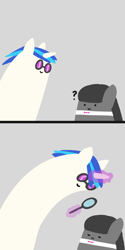 Size: 1024x2048 | Tagged: safe, artist:2merr, dj pon-3, octavia melody, vinyl scratch, earth pony, pony, unicorn, /mlp/, 2 panel comic, 4chan, :), bowtie, comic, dot eyes, drawn on phone, drawthread, duo, duo female, female, frown, glowing horn, gray background, horn, levitation, magic, magnifying glass, mare, marelet, octavia is not amused, short, simple background, size difference, smiley face, smiling, sunglasses, tall, telekinesis, unamused