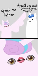 Size: 679x1352 | Tagged: safe, artist:2merr, princess flurry heart, shining armor, alicorn, pony, unicorn, /mlp/, 2 panel comic, 4chan, :), comic, dialogue, drawn on phone, drawthread, duo, father and child, father and daughter, female, gray background, horn, implied spanking, large wings, male, parent and child, realization, simple background, small horn, smiley face, smiling, wings, 👁👄👁