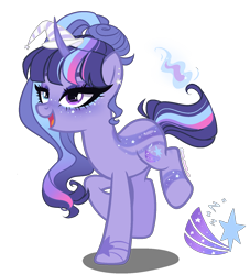 Size: 1500x1650 | Tagged: safe, artist:gihhbloonde, artist:meimisuki, derpibooru import, oc, oc only, pony, unicorn, adoptable, base used, coat markings, ear piercing, earring, eyeshadow, female, freckles, hat, jewelry, magical lesbian spawn, makeup, mare, multicolored hair, offspring, open mouth, parent:trixie, parent:twilight sparkle, parents:twixie, piercing, raised hoof, raised leg, simple background, solo, tattoo, transparent background, witch hat