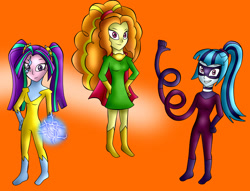 Size: 2102x1606 | Tagged: safe, artist:jerrydestrtoyer, derpibooru import, adagio dazzle, aria blaze, sonata dusk, equestria girls, cape, clothes, costume, elastic, electricity, female, flight, glowing hands, mask, orange background, simple background, spandex, superhero, the dazzlings