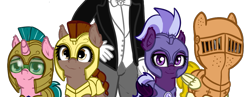 Size: 1209x467 | Tagged: safe, artist:neuro, derpibooru import, oc, oc only, oc:anonymous, oc:artemis sparkshower, oc:honour bound, oc:lily glamerspear, oc:purity ebonshield, bat pony, earth pony, pegasus, unicorn, fanfic:everyday life with guardsmares, /mlp/, 4chan, armor, bat pony oc, bat wings, clothes, earth pony oc, everyday life with guardsmares, gloves, helmet, horn, night guard, pegasus oc, royal guard, simple background, suit, transparent background, unicorn oc, unshaded, wings