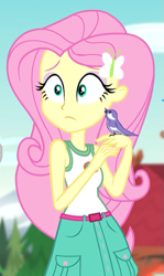 Size: 323x543 | Tagged: safe, derpibooru import, screencap, fluttershy, bird, equestria girls, legend of everfree, legend of everfree - bloopers, chickadee (bird), clothes, cropped, female, sleeveless, tanktop