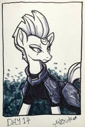 Size: 1280x1902 | Tagged: safe, artist:poecillia-gracilis19, derpibooru import, fizzlepop berrytwist, tempest shadow, pony, unicorn, my little pony: the movie, armor, broken horn, eye scar, horn, inktober 2020, scar, solo, traditional art