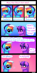 Size: 1992x3901 | Tagged: safe, artist:aaa-its-spook, derpibooru import, rainbow dash, twilight sparkle, pegasus, pony, unicorn, may the best pet win, blushing, bubblegum, comic, dialogue, female, food, gum, hat, lesbian, shipping, sunglasses, twidash