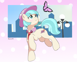 Size: 756x605 | Tagged: safe, artist:vinilyart, derpibooru import, coco pommel, butterfly, earth pony, pony, female, hat, mare