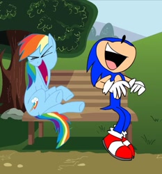 Size: 1007x1080 | Tagged: safe, artist:animatedjames, derpibooru import, screencap, rainbow dash, pegasus, pony, bench, laughing, sonic the hedgehog, sonic the hedgehog (series)