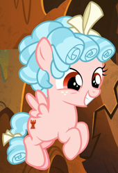 Size: 688x1012 | Tagged: safe, derpibooru import, screencap, cozy glow, pegasus, pony, the summer sun setback, antagonist, bow, cozybetes, curly hair, cute, evil lair, female, filly, flying, grogar's lair, hooves, lair, smiley face, solo, tail bow, teeth, wings