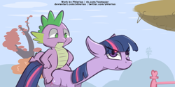 Size: 4000x2000 | Tagged: safe, artist:phlerius, derpibooru import, spike, twilight sparkle, unicorn twilight, dragon, pony, unicorn, digital art, horsebackriding, long neck, tree, tree branch