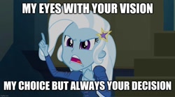 Size: 1280x714 | Tagged: safe, derpibooru import, edit, edited screencap, screencap, trixie, equestria girls, rainbow rocks, caption, image macro, song reference, text, the alan parsons project