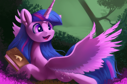 Size: 4200x2800 | Tagged: safe, artist:auroriia, derpibooru import, twilight sparkle, twilight sparkle (alicorn), alicorn, pony, book of harmony, cute, female, forest, happy birthday mlp:fim, lying down, mare, open mouth, open smile, prone, smiling, solo, spread wings, twiabetes, wings