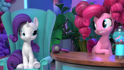 Size: 1920x1080 | Tagged: safe, derpibooru import, screencap, pinkie pie, rarity, pony, unicorn, hello pinkie pie, alternate hairstyle, female, mare, sitting