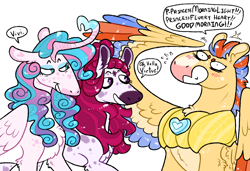 Size: 1024x700 | Tagged: safe, artist:fastserve, derpibooru import, princess flurry heart, oc, oc:guards virtue, oc:morning light, alicorn, pegasus, pony, unicorn, blushing, curved horn, female, guard armor, horn, magical gay spawn, magical lesbian spawn, male, mare, offspring, older, older flurry heart, parent:flash sentry, parent:sunburst, parent:tempest shadow, parent:twilight sparkle, parents:flashburst, parents:tempestlight, salute, simple background, stallion, white background