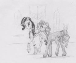 Size: 3478x2916 | Tagged: safe, artist:joestick, derpibooru import, pinkie pie, rarity, changeling, earth pony, pony, unicorn, castle, changeling guard, clothes, female, jewerly, mare, monochrome, shoes, traditional art, window