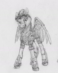 Size: 1372x1734 | Tagged: safe, artist:joestick, derpibooru import, rainbow dash, pegasus, pony, armor, female, goggles, looking at you, mare, monochrome, open mouth, spread wings, traditional art, wings