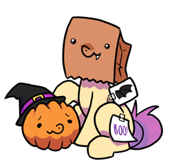 Size: 728x704 | Tagged: safe, artist:paperbagpony, derpibooru import, oc, oc only, oc:paper bag, clothes, costume, fake cutie mark, halloween, halloween costume, hat, pumpkin, simple background, solo, white background, witch hat