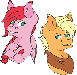 Size: 851x826 | Tagged: safe, artist:matttheenby, derpibooru import, oc, oc only, oc:butterscotch shy, oc:daisy macintosh, earth pony, pegasus, pony, brother and sister, bust, female, freckles, handkerchief, male, no pupils, offspring, parent:big macintosh, parent:fluttershy, parents:fluttermac, siblings, simple background, transparent background
