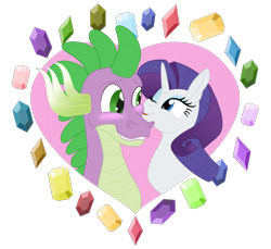 Size: 2400x2200 | Tagged: safe, artist:sixes&sevens, derpibooru import, rarity, spike, dragon, pony, unicorn, blushing, female, gem, heart, kiss on the cheek, kissing, male, older, older spike, shipping, simple background, sparity, straight, transparent background