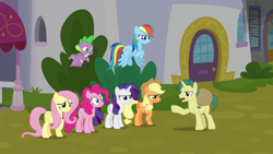 Size: 1920x1080 | Tagged: safe, derpibooru import, screencap, applejack, fluttershy, pinkie pie, rainbow dash, rarity, spike, dragon, earth pony, pegasus, pony, unicorn, the ending of the end, unnamed character, unnamed pony, winged spike