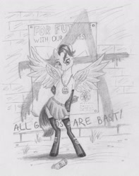 Size: 2629x3328 | Tagged: safe, artist:joestick, derpibooru import, oc, pegasus, semi-anthro, anarchy, clothes, female, graffiti, innocent look, mare, monochrome, pegasus oc, poster, punk, skirt, spread wings, traditional art, wall, wings