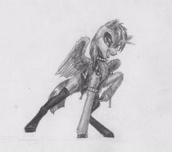 Size: 2267x2007 | Tagged: safe, artist:joestick, derpibooru import, twilight sparkle, alicorn, pony, clothes, jewelry, looking at you, monochrome, necklace, piercing, punk, smiling, smirk, socks, traditional art