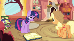 Size: 1280x720 | Tagged: safe, derpibooru import, screencap, applejack, twilight sparkle, unicorn twilight, earth pony, pony, unicorn, spike at your service, book, butt, female, golden oaks library, mare, plot