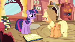 Size: 1280x720 | Tagged: safe, derpibooru import, screencap, applejack, twilight sparkle, unicorn twilight, earth pony, pony, unicorn, spike at your service, book, butt, female, golden oaks library, mare, plot