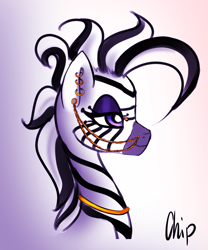 Size: 1000x1200 | Tagged: safe, artist:plaguemare, derpibooru import, oc, oc only, oc:zenedra, zebra, bust, female, jewelry, mare, piercing, portrait, profile, simple background, white background, zebra oc