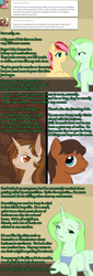 Size: 900x2638 | Tagged: safe, artist:askmerriweatherauthor, derpibooru import, oc, oc only, oc:cinnamon sketch, oc:dusty, oc:merriweather, oc:mocha delight, earth pony, pony, unicorn, ask merriweather, female, male, mare, stallion