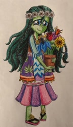 Size: 1024x1791 | Tagged: safe, artist:bozzerkazooers, derpibooru import, fluttershy, oc, oc:botanica, equestria girls, flower, hippie, plant, traditional art